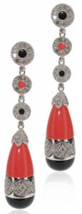 Coral and Black Onyx pear drop earrings