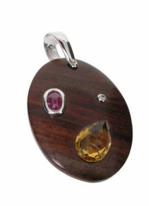 Wood pendant - Citrine Ruby and diamond