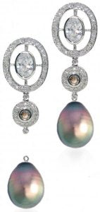 Oval diamond earrings with detachable South Sea pearl