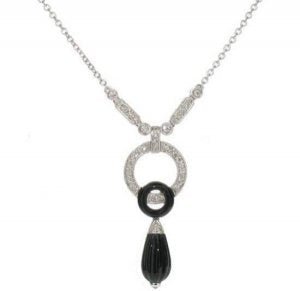 Deco Necklace - double ring and fluted Onyx pear drop