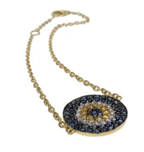 Flat disc Evil Eye bracelet - with Diamonds and Blue & Yellow Sapphires