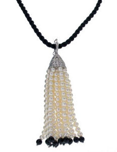 Pearl tassel pendant set from diamond cap - on silk