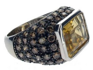 Large Citrine rectangular cocktail ring set in Cognac Pave Diamonds