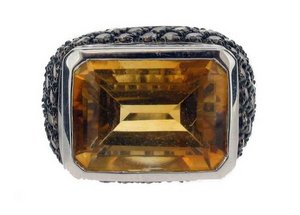 Large Citrine rectangular cocktail ring set in Cognac Pave Diamonds