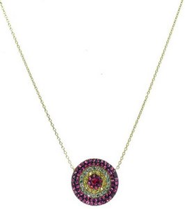 Flat disc diamond Evil Eye necklace - set with pink and yellow sapphires