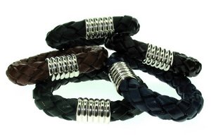 Fat plaited leather cuff with Silver magnetic clasp