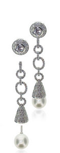 Diamond studs with long detachable oval link - South Sea Pearl