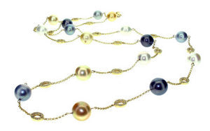 Diamond oval link multi-Pearl long necklace