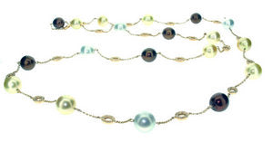 Diamond oval link multi-Pearl long necklace - Chocolate