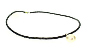 Half Pearl Diamond pendant on Black leather collar