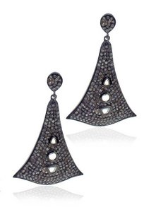 Indian Drop Skirt Earrings - Set with 3 White Diamonds & Brown Diamonds