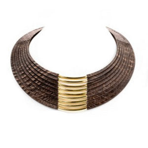 Exotic crocodile skin print leather necklace with Gold adornment
