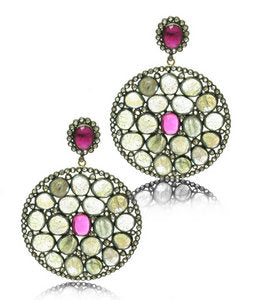 Indian rutilated, Golden Quartz earring - set with Diamonds & Rubies