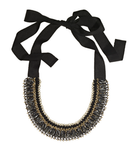 Black Ribbon, Smoky Quartz and Antique Gold Necklace