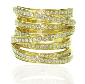 Diamond crossover yellow and white gold ring