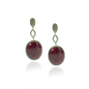 Indian Ruby Oval Drop Earrings with Brown Diamonds