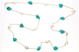Turquoise and Pearl long necklace - yellow gold