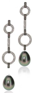 Deco drop earrings - Cognac and White Diamonds - Tahitian Pearl