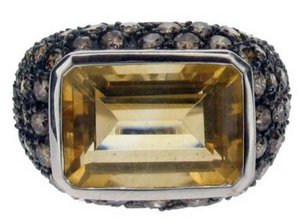Large Citrine rectangular cocktail ring set in Cognac Pave Diamonds