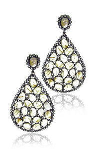 Indian rutilated, Golden Quartz and Diamond large pear earring