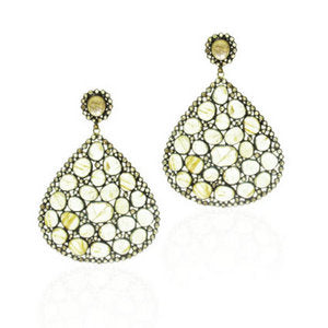 Indian rutilated, Golden Quartz and Diamond large pear earring