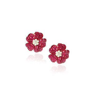 Invisibly set Ruby & Diamond Flower Earrings