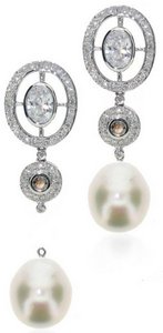 Oval diamond earrings with detachable South Sea pearl